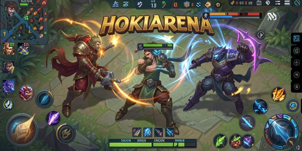 Gameplay seru HOKIARENA dengan aksi pertarungan tim yang mendebarkan.
